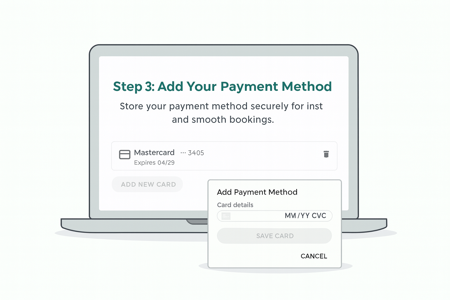 Customer adding a payment method in their CleanPrimeTime account settings